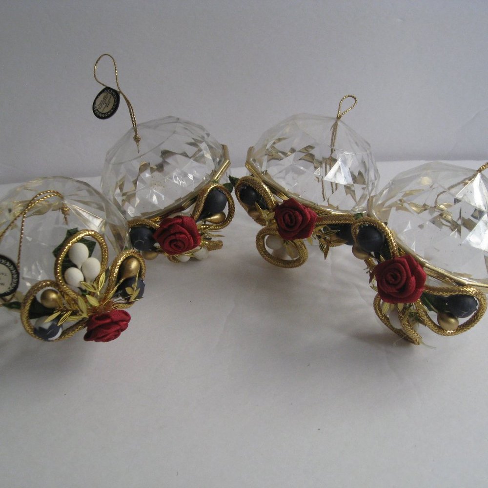 4 Vintage BRN Faceted Clear Acrylic Christmas Ornaments with Floral Decorations